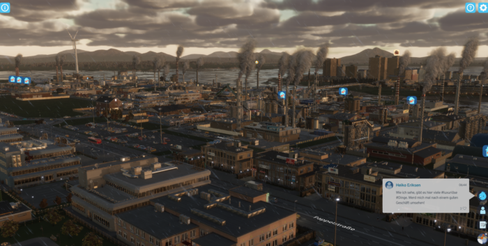 Ein Screenshot aus "Cities: Skylines 2" zeigt mein Industriegebiet im Sonnenaufgang.