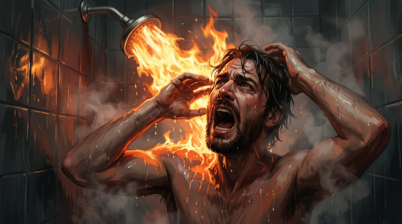 Man screaming with fire pouring from showerhead in a tiled bathroom